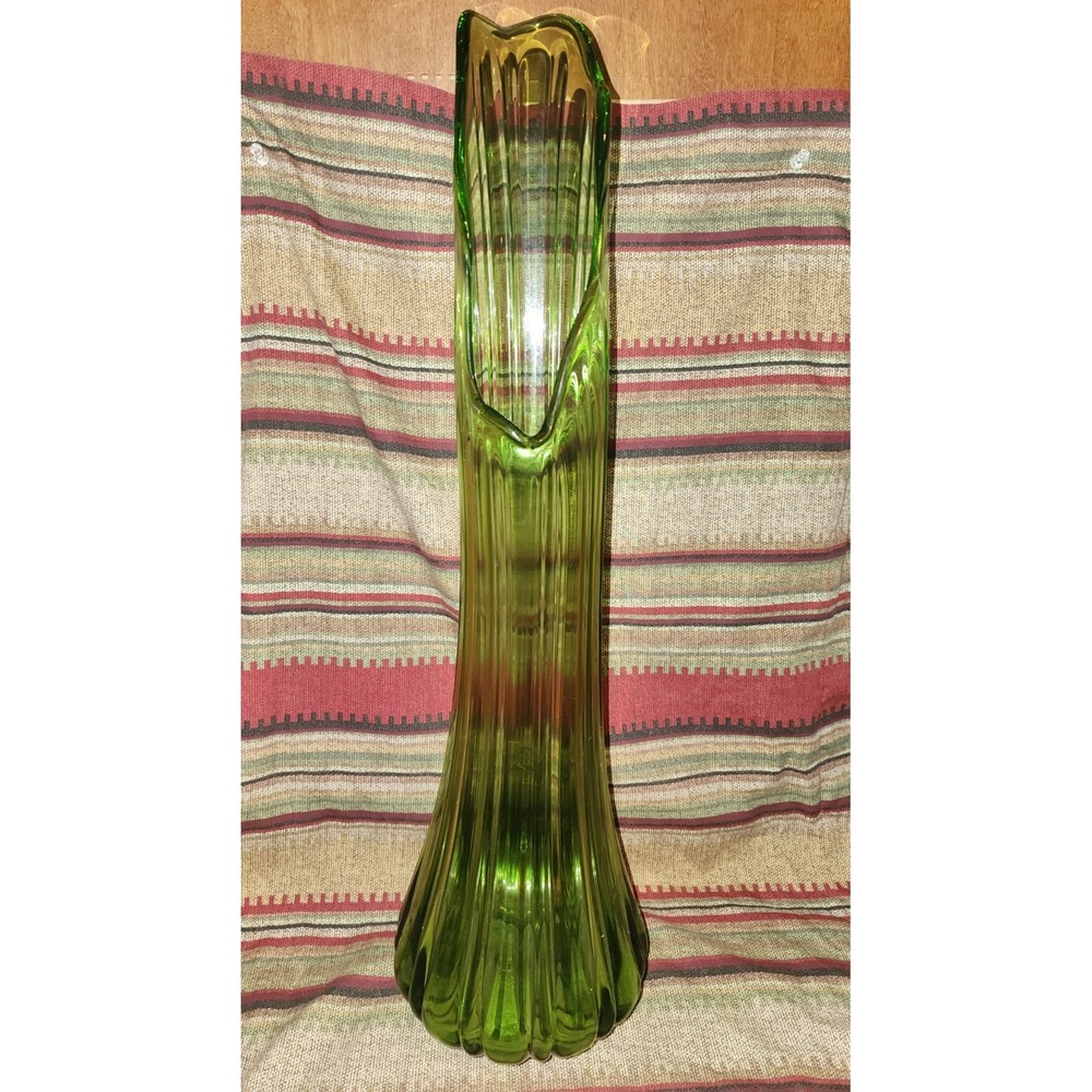 LE Smith Blown Art Glass Swung Tall Vase Avocado Green 23½" Ribbed Vintage MCM